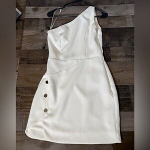 NBD One-Shoulder Ivory Mini Dress with Side Button Detail